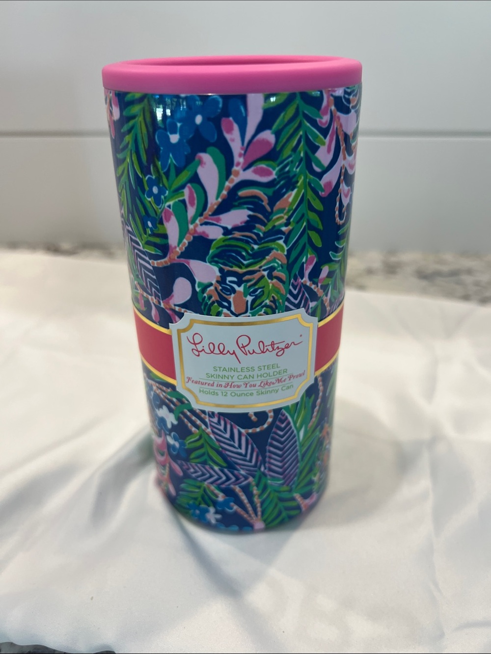 Lilly Pulitzer Navy & Pink Floral Stainless Steel Skinny Can Cooler